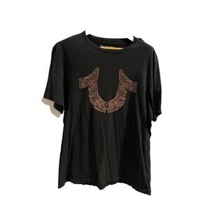 True Religion Jeans Circuitz T-Shirt Men's XXL Black Gold Short Sleeve Logo Top